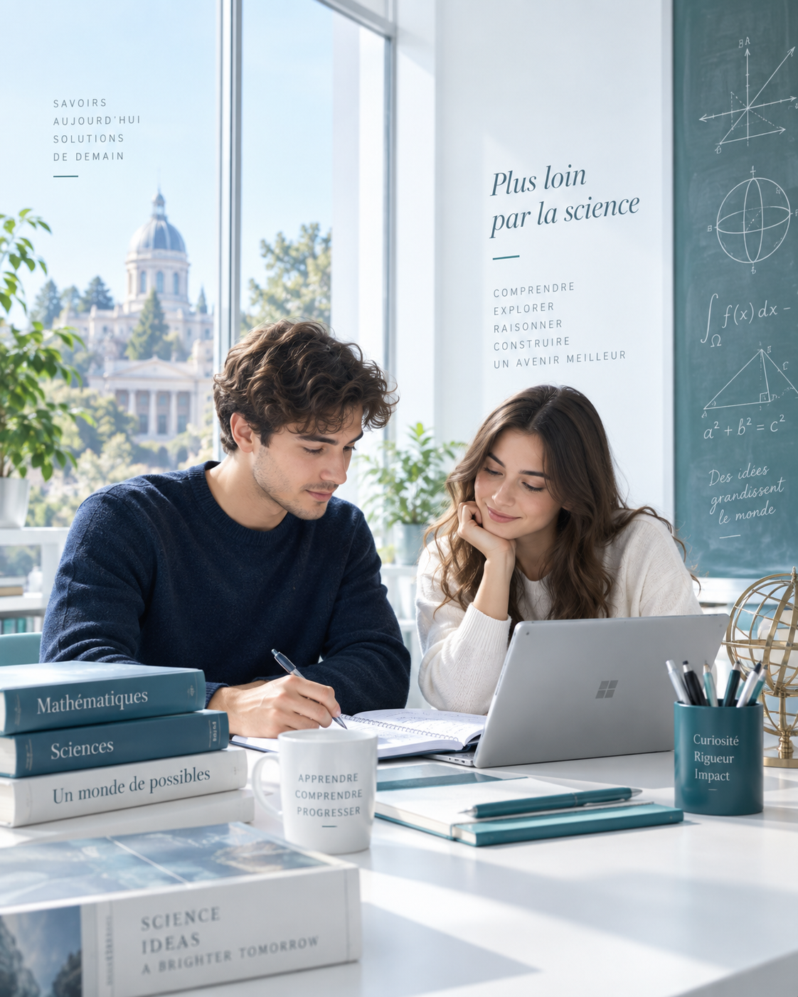 Illustration scientifique avec deux étudiants étudiant ensemble dans un environnement académique lumineux et prestigieux.