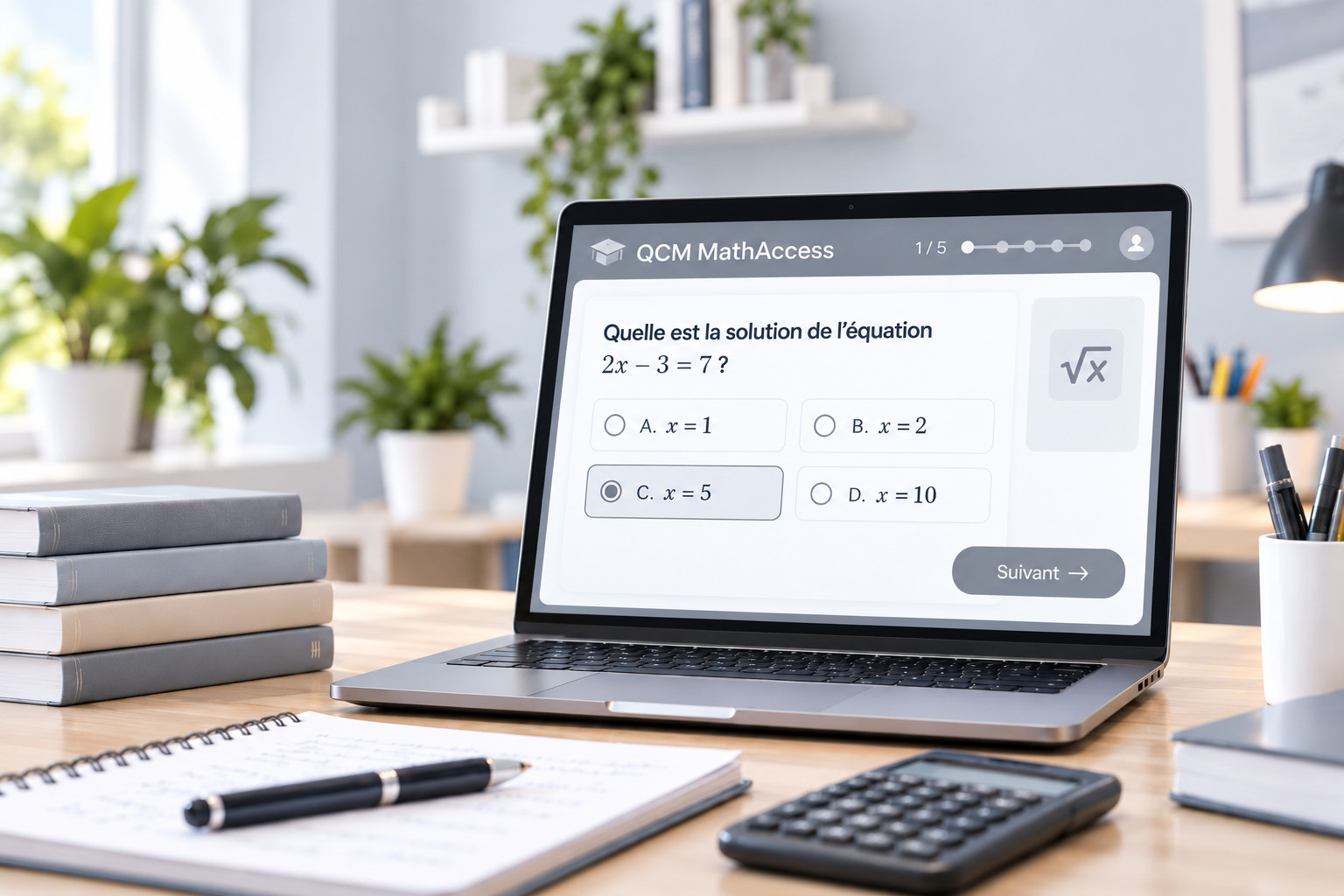 Image d'un QCM de mathématiques MathAccess affiché sur un ordinateur.