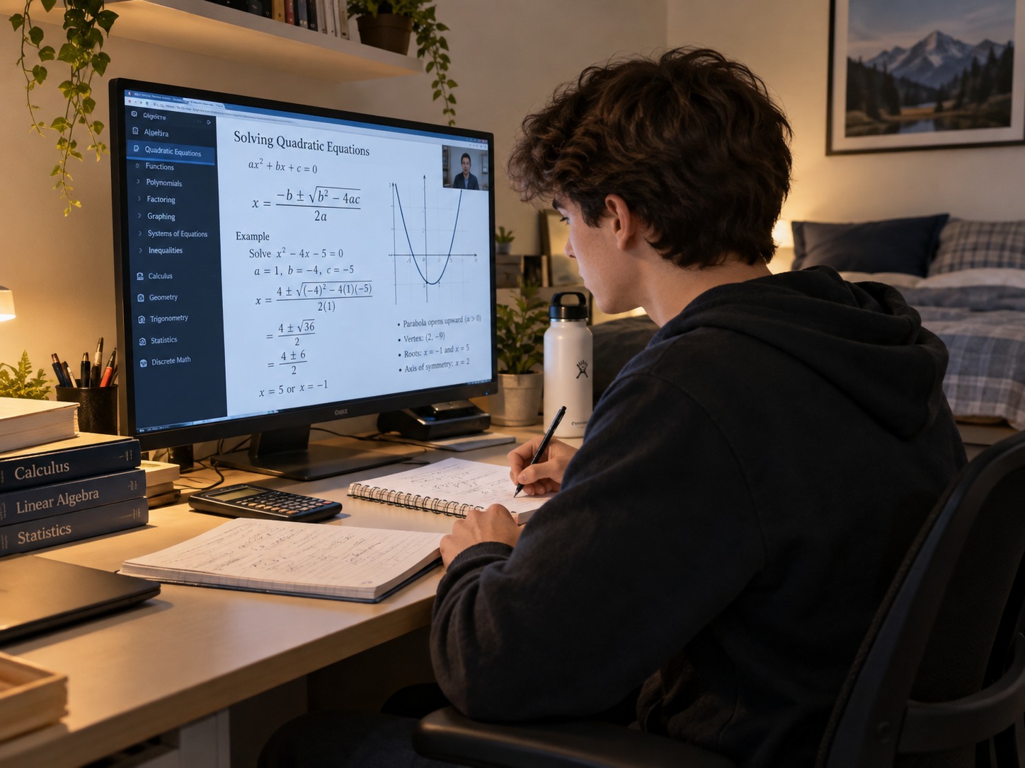 Étudiant heureux et confiant de son travail devant un ordinateur MathAccess