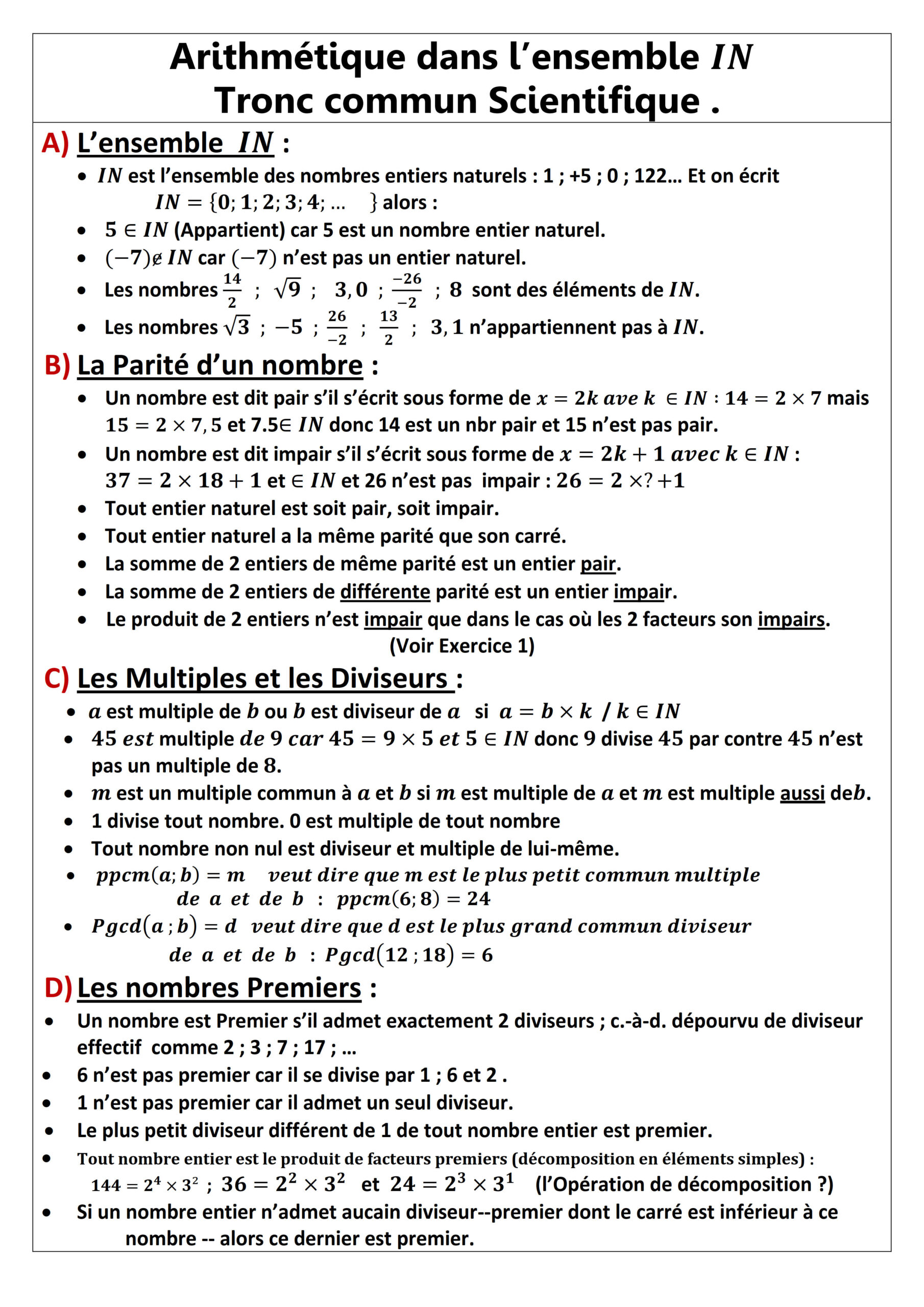 Résumé illustré — Arithmétique dans ℕ — fiche 1